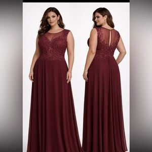 Mon Cheri Burgundy mesh beaded Bodice sleeveless Chiffon Maxi Dress